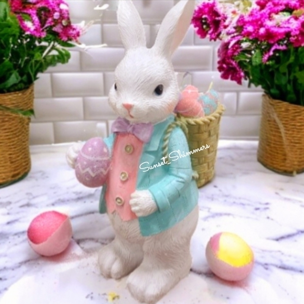 14" Easter Bunny Rabbit w/ Basket of Eggs Pink Pastel Sparkly Spring Decor NEW